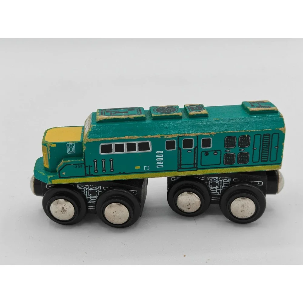 Vintage Style Wooden Diesel‎ Locomotive Train Engine 1208 Teal Yellow Magnetic